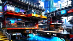 Water-level view of buildings made of reused dirty rusty metal on a futuristic canal junction, cyberpunk, many painted colours, flying boats, balconies, bridges, people, shopping, eating, walking, fifth element, ghost in the shell, altered carbon