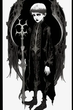 7 year old boy, necromancer, friendly, looks dead,with a long lamprey emerging from his belly , wearing black robes, in the style of Harry Clarke