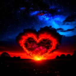 fire in a heart, against a beautiful night sky