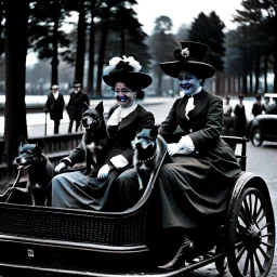 The Goldsmith Ladies in the Bois de Boulogne in 1897 on a Peugeot car, Julius LeBlanc Stewart, smile, dog