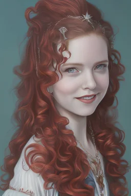 Generate a photorealistic image of a beautiful young girl with red wavy hair. The portrait should focus on her face and include a pendant on a cord. Ensure the image is in 4K resolution and showcases hyperrealism. Pay attention to fixing the hair and fingers for a flawless result. The girl should have very pale skin, a slightly nervous expression, and striking red lips