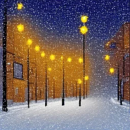 Pixel art d'une rue enneigée la nuit