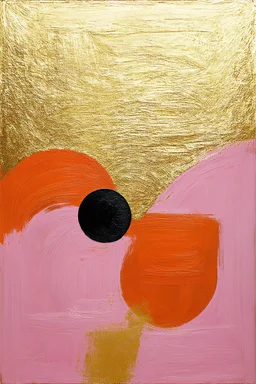 create picture of "Create an abstract painting in a vertical format, dominated by rich shades of light pink, golden, deep orange, and shimmering gold. Emphasize textured surfaces and incorporate swirling, crescent-moon-like shapes. Include subtle hints of intricate, calligraphic-inspired details in black within golden big circular or oval forms."