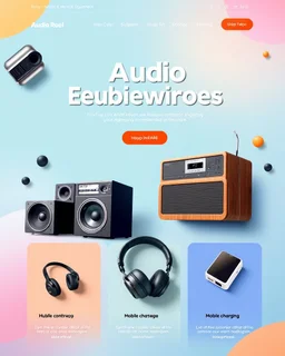A design for an audio equipment store with photos of speakers, tape recorders, headphones, and mobile chargers with a beautiful and unique color theme.