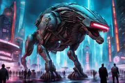 cities of the future cyberpunk in the center of the monster stands on its hind legs