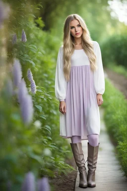 full body standing beautiful 20 year old girl with ash blonde hair and blue eyes with her long hair down, wearing a white sleeved shirt and nice sarifon dress, and lilac long leggings, with long black boots full body shot