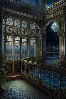 the balcony of the palace, moonlight, beautiful flowers, the surface of the water under the balcony like a mirror, mega-detailed drawing of small fine details, photorealistic drawing with colored pencil + pastel, ink, bright, botanical, fantasy, medieval atmosphere, cinematic, Art Nouveau, the camera is aimed at the object