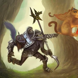 Fantasy image,d&d, medievil warrior person running from a Giant squirrel