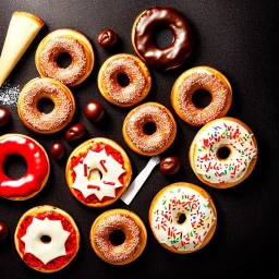 Pizza, hamburger, coca-cola, donut, coffee, black background