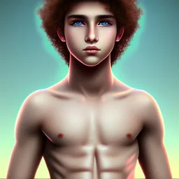 beautiful 12 year old arabic boy with curly hair and light blue eyes, shirtless