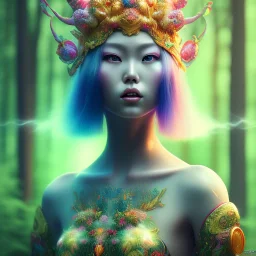 spray painting,japanese woman in magical forest, Character Portrait, bright colours,face, magnificent, majestic, highly intricate gigantic, Realistic photography, incredibly detailed, ultra high resolution, 8k, complex 3d render, cinema 4d