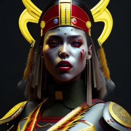 Latin woman, rounded face, blood, black, red, gold, samurai helmet, decorative color feathers, retro, bamboo, leather, soft color, highly detailed, art stations, concept art, smooth, unreal engine 5, god rays, ray tracing, RTX, lumen lighting, ultra detail, volumetric lighting, 3d, finely drawn, high definition, high resolution.