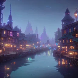 magical riverside town , 8k, beautifl, spirits flowing