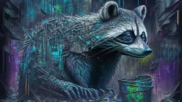 Graffiti trash panda; neo-surrealism dystopian eldritch elegant fantastical intricate hyperdetailed holographic magnificent meticulous mysterious ominous