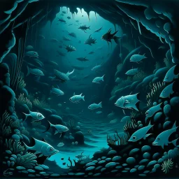 A dark bluish teal underwater abyss with angler fish painted by MC Escher