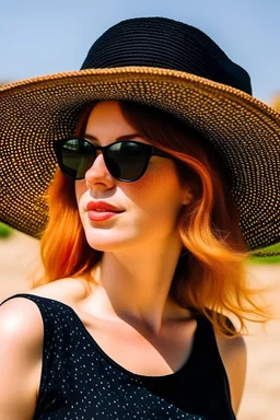 redhead woman sunbathing on the beach, black swimsuit, straw hat, sunglasses