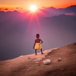 mystical indian boy in adoration in himalaya at sunset