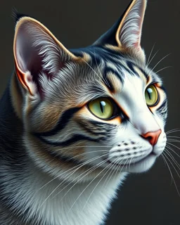 Detailed Surreal Portrait of Oriental blue and white tabby cat, with white face and green eyes by Klimt muted colors.
