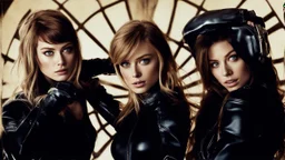 Poster for an action film called "The Motorbike Girls" starring Katherine McNamara, Margot Robbie and Georgia Henshaw wearing tight leather catsuits.