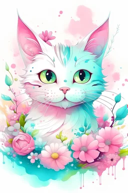 A hyper detailed illustration of a print of a colorful cute cat, fantasy flowers splash, vintage t-shirt design, in the style of Studio Ghibli, light white and pink pastel tetradic colors, 3D vector art, cute and quirky, fantasy art, watercolor effect, bokeh, Adobe Illustrator, hand-drawn, digital painting, low-poly, soft lighting, bird's-eye view, isometric style, retro aesthetic, focused on the character, 4K resolution, photorealistic rendering, using Cinema 4D, cinematic, 4k, epic Steven Spie