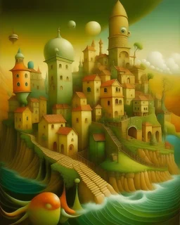 Neo Surrealism, whimsical art, painting, fantasy, magical realism bizarre art, pop surrealism, inspired by Remedios Varo, Jacek Yerka and Gabriel Pacheco. Generate an illustration a surreal abstract Town