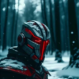 a strong warrior wearing futuristic sci fi knight face helmet, glowy red visor eyes, distant shot, adobe lightroom cinematic filter, snowy forest scene