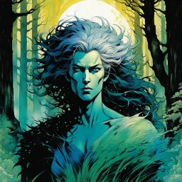 create a wildly conceptual closeup full body print illustration of a feral mage with highly detailed hair and feminine facial features, in an ethereal, otherworldly ,ancient summer forest , in the comic book art style of Bill Sienkiewicz, Mike Mignola, Sparth, and Jean Giraud Moebius, finely drawn, colored, and inked, suffused with dramatic natural light and shadow of sunset