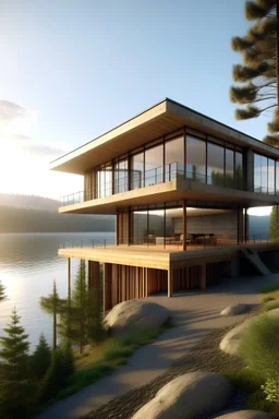 atelier de dessin Maison montagne design bois et béton devant baie en verre avec vue sur un lac Lumière soleil couchant