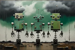 (three:2) determined whimsical robots (made of scrap metal:2) in a scrapyard under stormy sky, acrylic painting, minimal art, centered, wild sparse brushstrokes, amazing verticals, great parallels, low bleak colors of green, drab, beige and black, excellent negative space contrasts