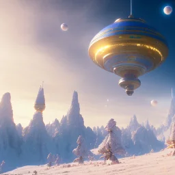 Spaceship landed on snowy mountain, sunny day. clear blue sky. gold. Elegant. Extremely detailed. Award winning photography. Fantasy. 8k. Cinematic lighting. Photorealistic. Dynamic lighting. Imperial colors. Crisp quality. Unreal Engine. Colourful cinematic postprocessing. Pixar. VRay.