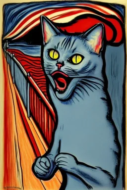 Cat holding her head with her hands. The scream Edvard Munch. Painting style of Edvard Munch