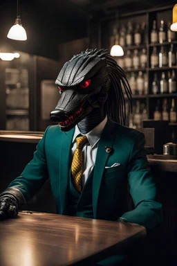 photo of a predator dressed suit and tie sitting at a table in a bar with a bar stools, bottle beer, award winning photography, Elke vogelsang, bosozoku outfit