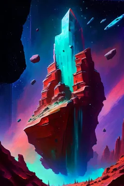 Towering starship fortress in red canyon with blue and green mineral rocks nebula starry sky painterly rpg art