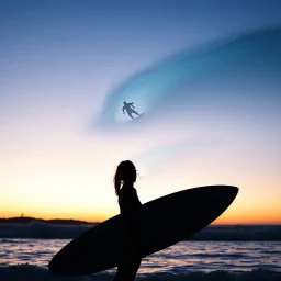 Silhouette of a female surfer holding a surfboard looking out at the ocean at twilight, double exposure of surfer on a big wave in the day