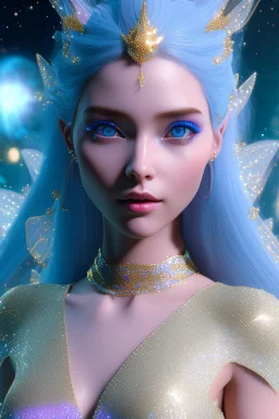 woman glitter blue fairy in a galactic ambiance, long blue hair, detailed gorgeous smile, delicate colors in the foreground, full of details, smooth, light effect，vaporwave colorful, smooth, extremely sharp detail, finely tuned detail, ultra high definition, 8 k, unreal engine 5, ultra sharp