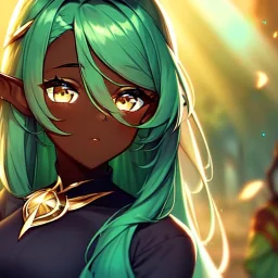 Clear focus, 8k, high quality, detailed, beautiful lighting, girl, vibrant colors, black long hair, vibrant golden eyes, dark skin, elf