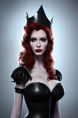 Christina Hendricks as evil queen in black leather gown, cleavage, angry, unreal 5, octane render,cinema4d, dynamic lighting, dramatic lighting, 4k, redshift render, highly detailed, hyper realistic