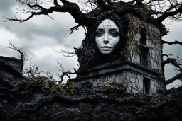 surrealis monochrome A fragmented, surreal sculpture liguid color of photorealistic image 3d,psychedelic art of small a women face glossy emerging from dreamlike a crumbling building. The face appears pale with deep cracks and intricate details, evoking a haunting expression. Blackened tree branches intertwine with the gold mengkilat cracks, set against a backdrop of stormy, cloud-filled skies. bauhaus art The overall tone is dark and moody, suggesting themes of decay and transformation. Include