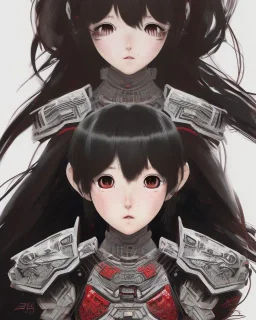 Detailed anime child girl, dark brown hair, black and red dragon scale armour, intricate details, full body portrait, keep head in frame, slight smile, black Japanese motif, concept art, highly detailed, digital painting, concept art, sharp focus, illustration, art by Yoji Shinkawa, WLOP and greg rutkowski and alphonse mucha and artgerm and yanjun Chen and Junji ito and Makoto Shinkai, HDR, octane render