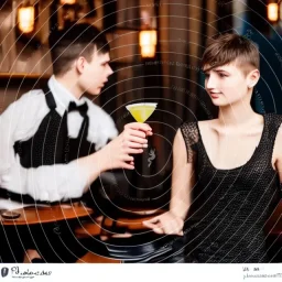 Russian guy student boy boyish boylike short man's haircut men's face boyish features female figure in black girlish lacy cocktail dress in restaurant