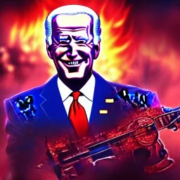 CRAZY Joe Biden caricature, cyberpunk, landscape, transformers, hi-tech robots, GUITARS, cinematic, highly detailed, close up, 4k, deep colors, gold, fire, red, purple, dark, ethereal, utopia, apocalypse, flying Cadillac, from outer space