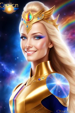 cosmic woman angels smile,admiral high commander from the future, one fine whole face, crystalline skin, expressive blue eyes,rainbow, smiling lips, very nice smile, costume rainbow pleiadian, Beautiful tall woman pleiadian Galactic commander, ship, perfect datailed golden galactic suit, high rank, long blond hair, hand whit five perfect detailed finger, amazing big blue eyes, smilling mouth, high drfinition lips, cosmic happiness, bright colors rainbow, blue, pink, gold, jewels, realist,8k