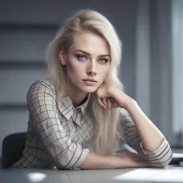 portrait photo of an 20 years old european blonde haired woman sitting in office, style \(artistic makeup with geometric lines\) , 8k, uhd, realistic, detailed skin, insane detailed, Illumination daylight,