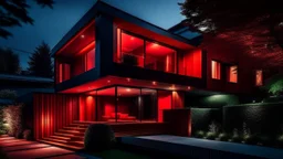 Photo of a modern single-family home at night with wooden and glass exterior finishes, featuring vibrant red accents... The house showcases clean lines and a minimalist design, with large windows that allow a glimpse into the warmly lit interior... The wooden facade creates a natural, earthy feel, while the glass elements add a contemporary touch... Soft garden lights illuminate the surroundings, casting gentle shadows on the lawn and creating a serene ambiance... A family is seen sitting on the