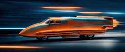 A national geographic award winning photograph of a military fighter jet station wagon elephant hybrid bilaterally symetrical designed by skunkworks, only one vehicle per image painted metallic orange traveling at a high rate of speed, jet intake off of front center of vehicle and jet exhaust out the rear with bright blue flame soviet retrofuturism, taken from drivers side front at a angle from up and to the rear