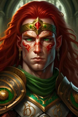 Generate a dungeons and dragons character portrait of the face of a young male Githyanki who is tall and well built with a red right eye and a green left one and has long hazel hair in heavy armor and a sword on his back