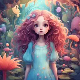 A cute, whimsical girl with big glowing eyes and flowing, wavy hair, standing in a surreal garden filled with imaginative, abstract plants and playful colors. The scene has a dreamy, otherworldly vibe, blending elements of fantasy and charm, illustrated in an artistic, quirky digital style that’s both strange and endearing