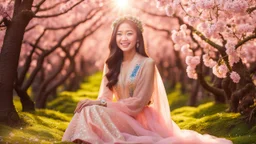 Portrait of a gorgeous smiling asian model with a golden skin, long smooth blonde hair, blue eyes, in a cosmonaut outfit with luminous strikes in a hill of flowers with 1000 y/o sakura trees, a small torrent, loads of mini flowers, moss, sun rays through the branches, particles in the air at spring