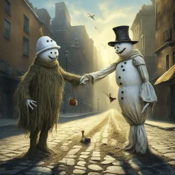 sinister weirdcore, Snowman vs Scarecrow, Snowman shaking hands with a scarecrow in middle of city street in the summer, by Leszek Bujnowski, mind-bending hyperrealism, weirdcore, something strange about to happen, sunny day natural lighting