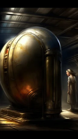 in the back lot of a warehouse, sci fi big stasis capsule for a human, unique, oblong, fantasy art, painting